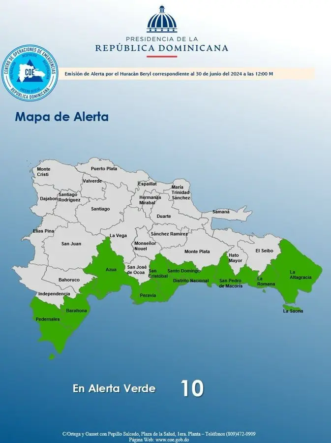 COE emite alerta verde para 09 provincias y el Distrito Nacional